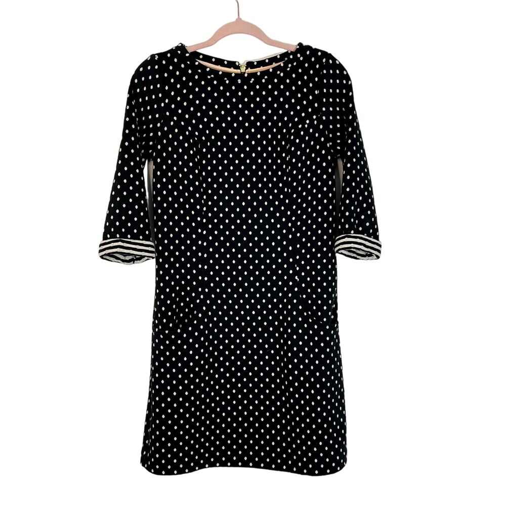 Boden Black Ivory Polka Dot 3/4 Sleeves Pockets Quilted To Knee Dress Size 4